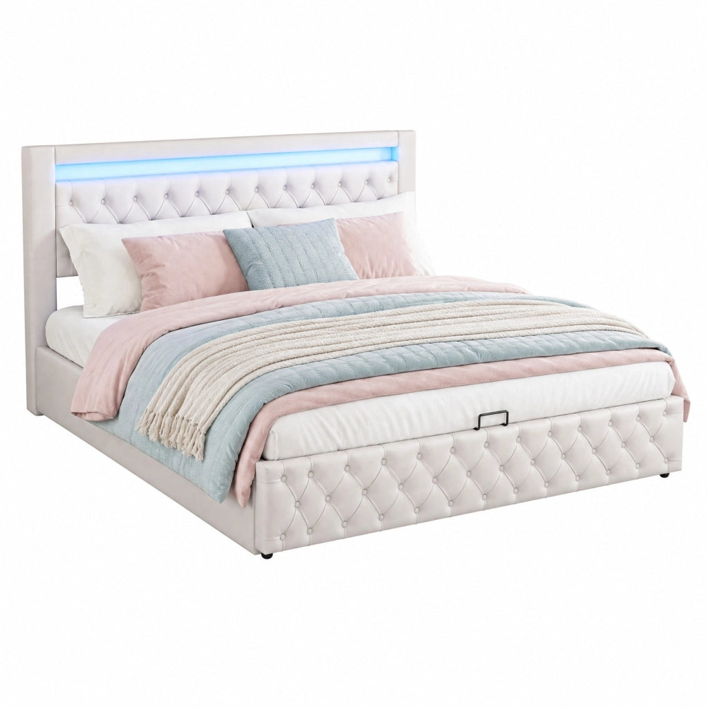 Letto imbottito 160 x 200 cm con rete a doghe, contenitore e LED, bianco, PU