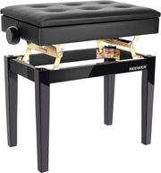 Sedile per Pianoforte - Sedia per Pianoforte - Regolabile - Panca in Legno - Nero - Cuscino in Pelle - Legno Massello