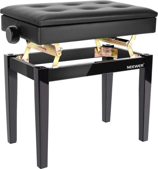 Sedile per Pianoforte - Sedia per Pianoforte - Regolabile - Panca in Legno - Nero - Cuscino in Pelle - Legno Massello