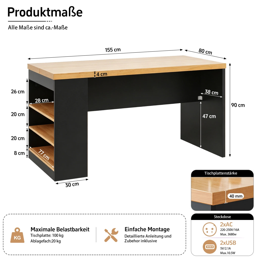 Isola cucina 155x80x90 cm con illuminazione LED, prese AC e USB, piano 40 mm, 3 ripiani aperti, colore Black+Natural