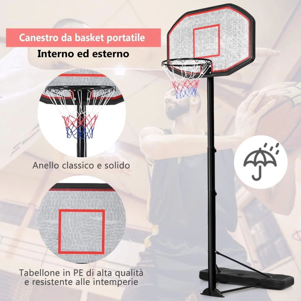 Canestro da Basket Regolabile in Altezza da 200 a 305 cm, Canestro da Basket da Esterno ed Interno Portatile con Base Riempibile e Ruote