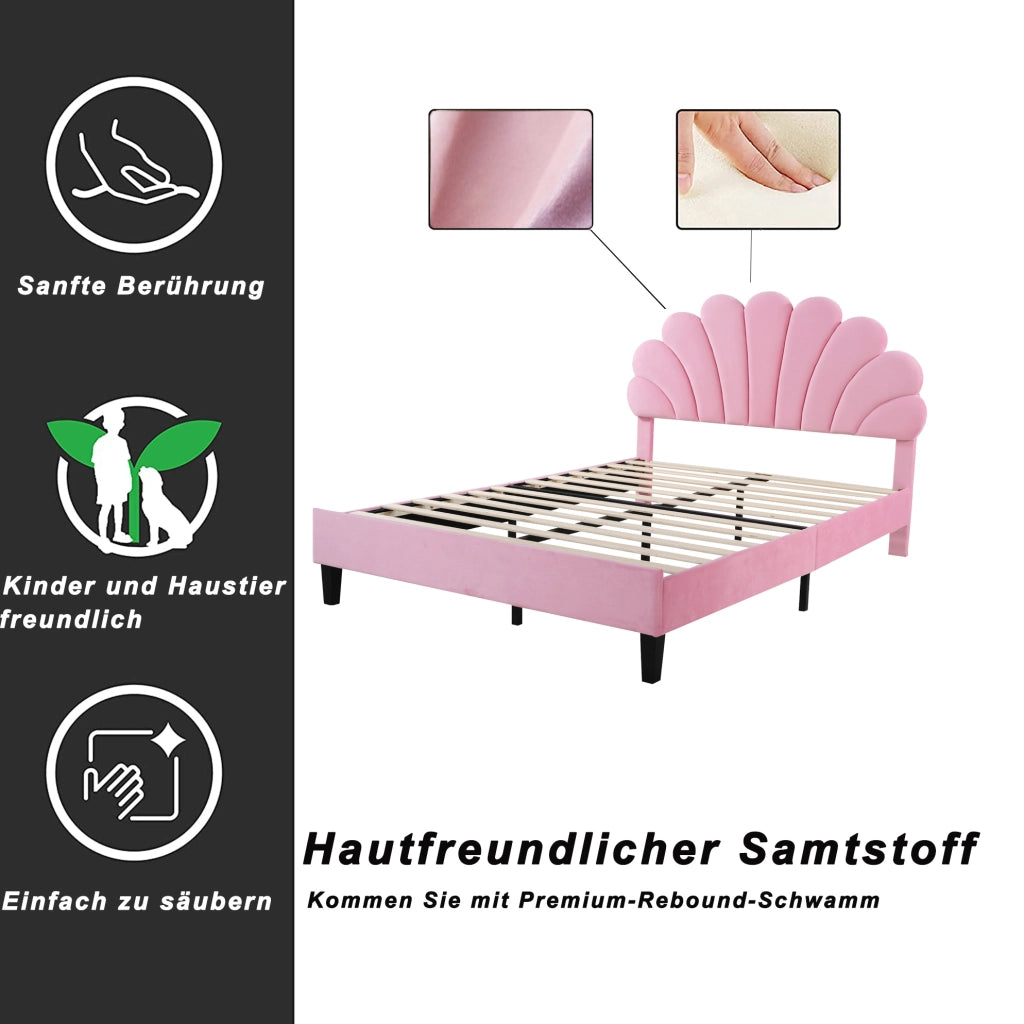 Letto imbottito 140x200 cm in velluto rosa con testiera floreale e 12 doghe