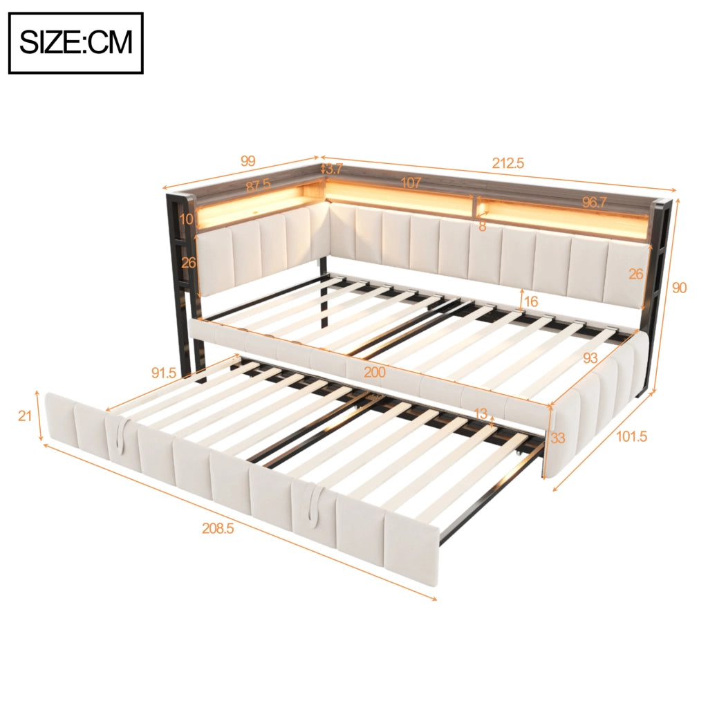 Divano letto estraibile 90x200 cm con LED; USB e USB-C in velluto beige