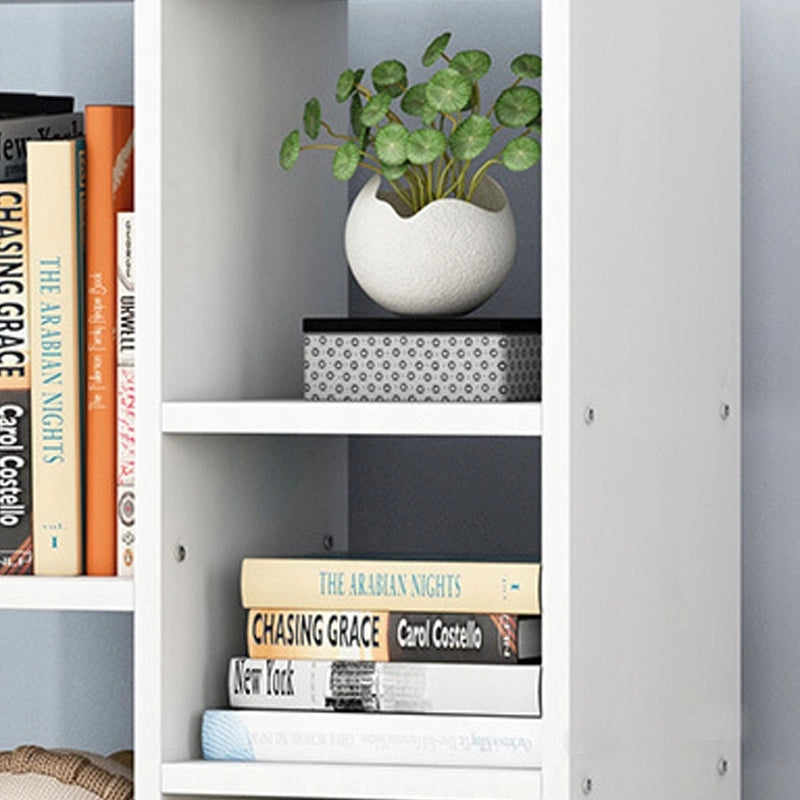 Scaffale aperto grande stile loft scandinavo, con 5 ripiani e cassettiera, colore bianco.