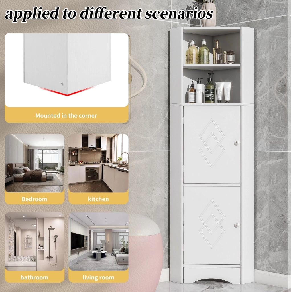 Mobile angolare da bagno triangolare con vani aperti e ripiano regolabile; bianco