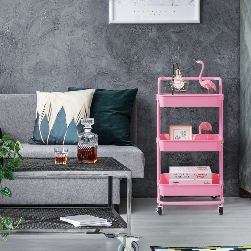 Carrello multifunzione con 3 cesti e maniglia in ABS e ferro da cucina e bagno 42x35,5x86cm Rosa-Carrelli