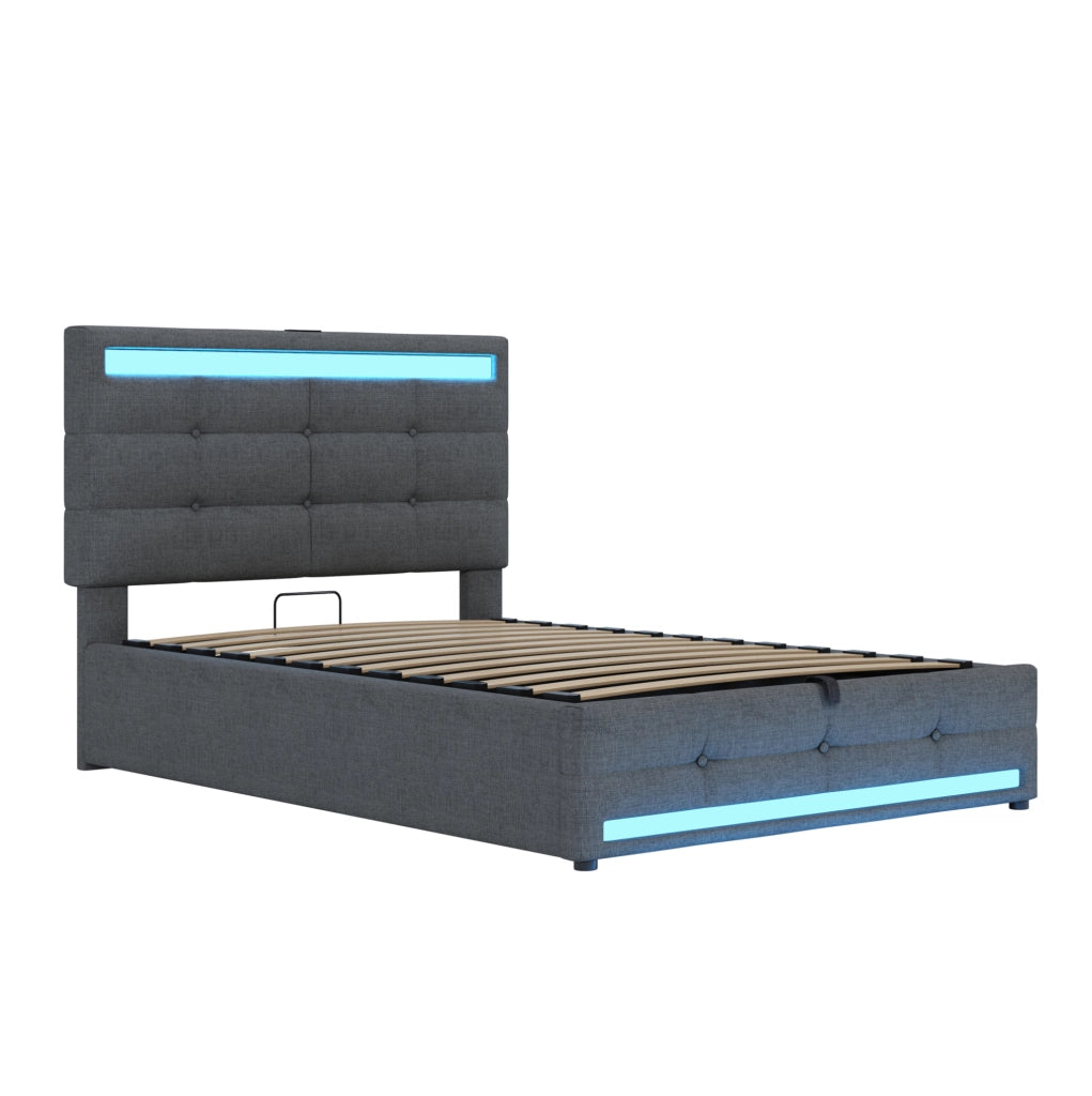 Letto imbottito singolo 90x200 cm con LED RGB; USB e testiera regolabile; grigio