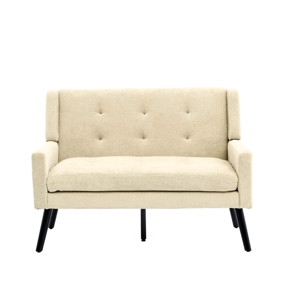 Panca imbottita 2 posti in lino beige con gambe in legno