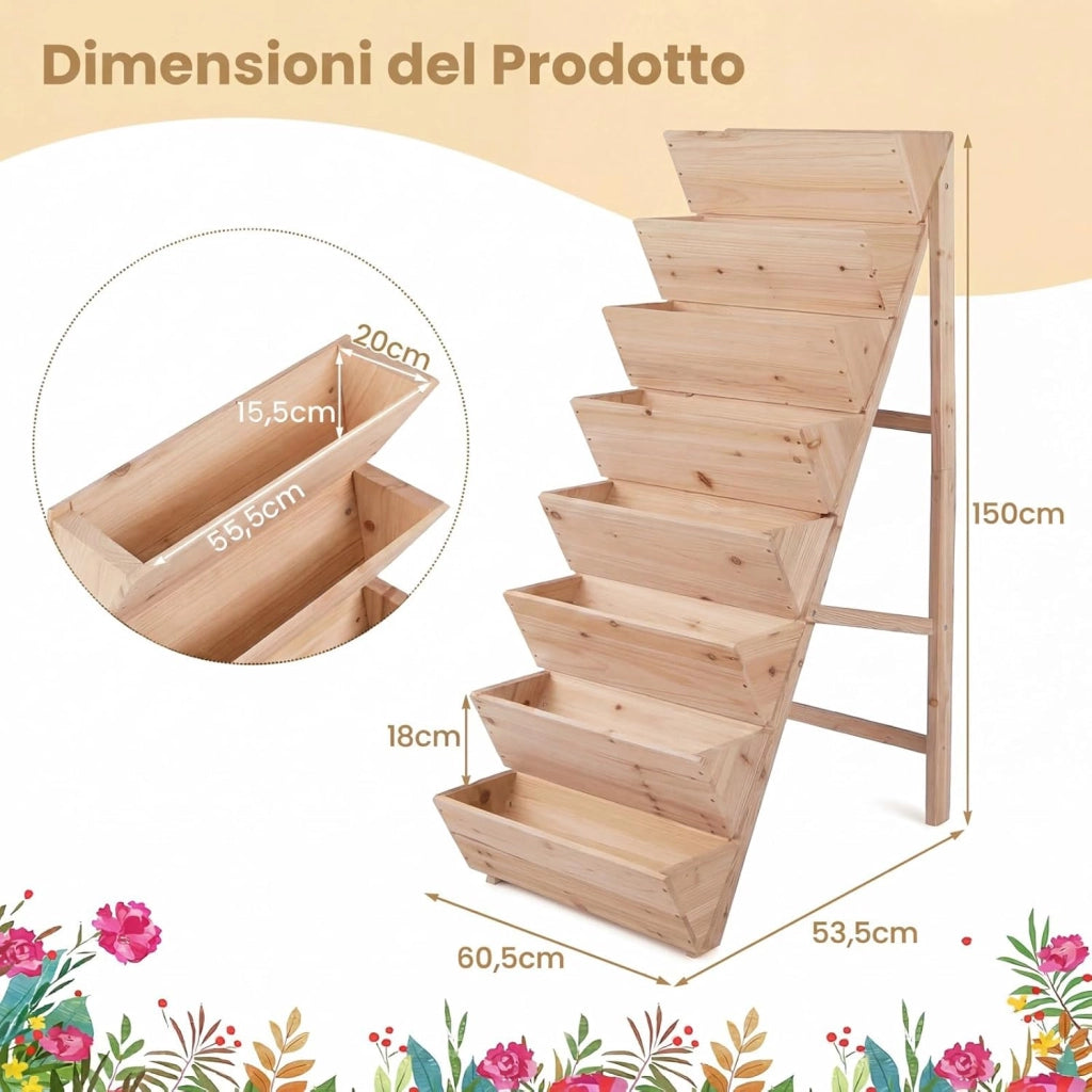 Fioriera Rialzata a 8 Livelli, Aiuola Verticale a Forma di V in Legno di Abete, Telaio Triangolare Indeformabile, Orto Rialzato da Esterno o Interno per Piante, Fiori, Verdure