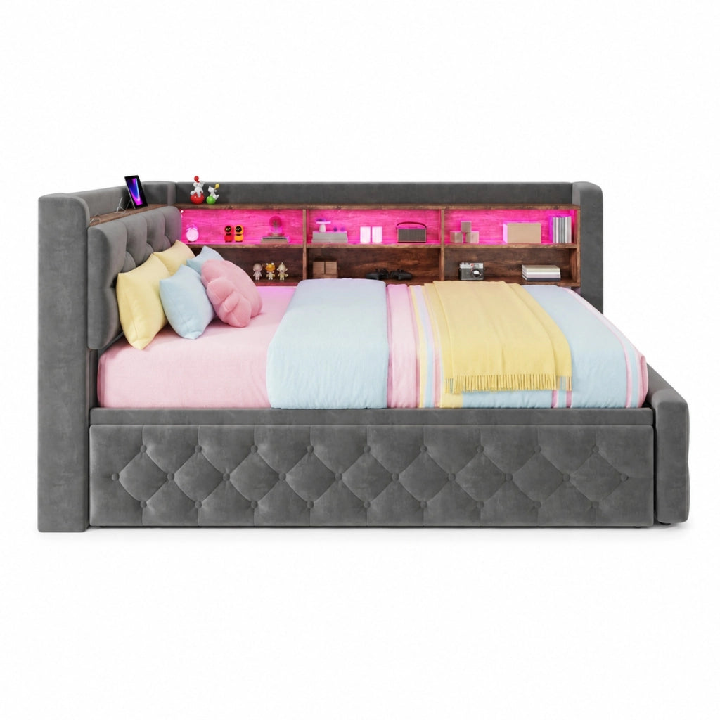 Divano letto estraibile 90x190 cm in velluto grigio scuro con LED e USB
