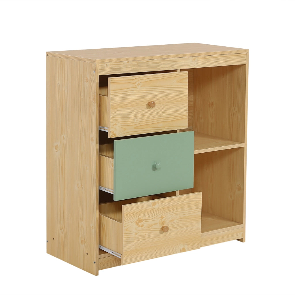 Letto a Soppalco 90 x 200 cm - Scivolo; Scala a 3 Gradini e Armadi - Naturale e Verde