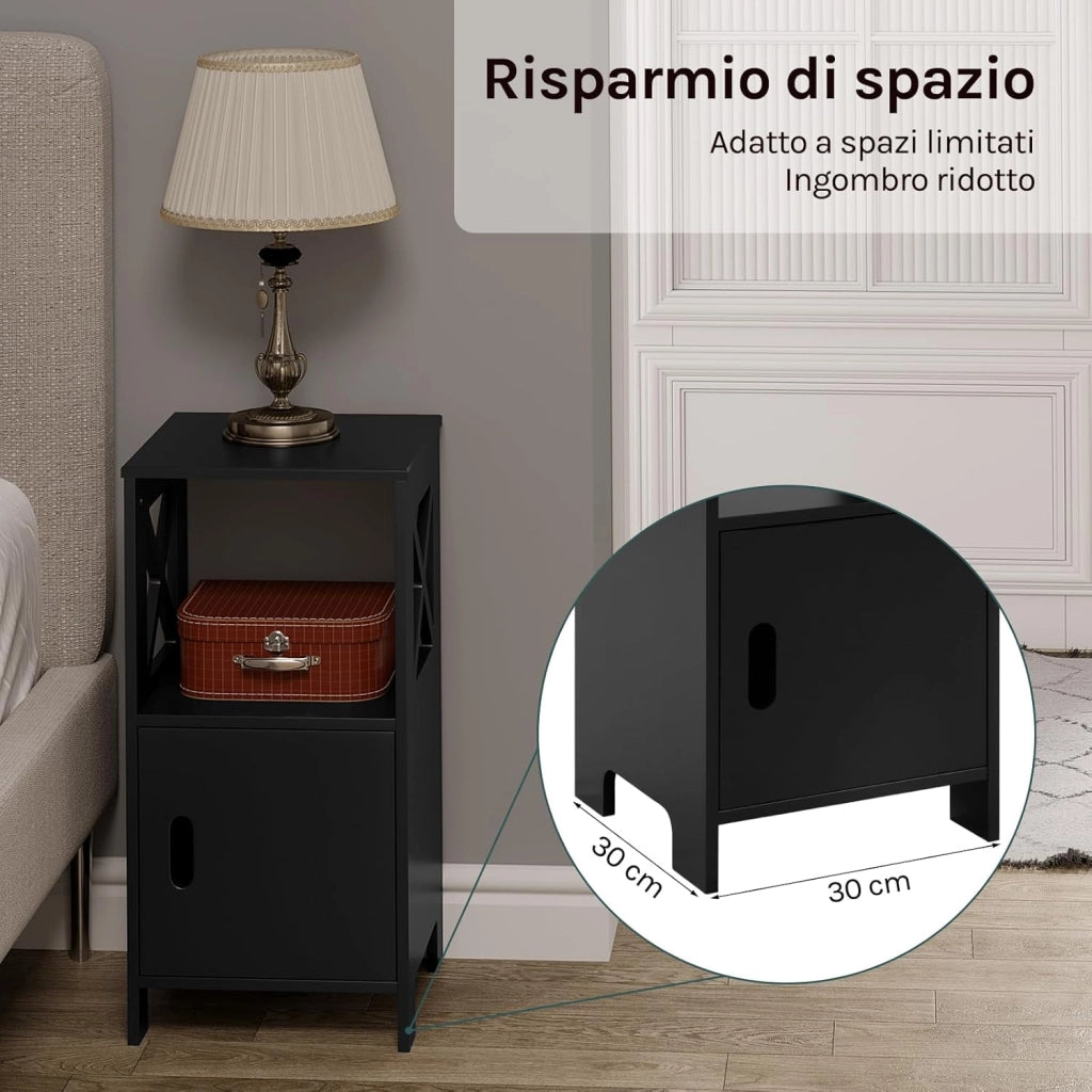 Comodino per Camera da Letto Stretto, Set di 2, Tavolino da Salotto, Nero, Piccolo, con 1 Vano Aperto e 1 Vano Nascosto, per Cameretta e Soggiorno, MDF, 30x30x60cm