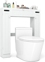 Mobile Sopra Lavatrice da Bagno, Armadietto su WC con Ripiani, Portarotoli, Porta con Apertura a Ribalta e Ripiani Regolabili, Mobile Salvaspazio in Legno con 2 Ante Laterali