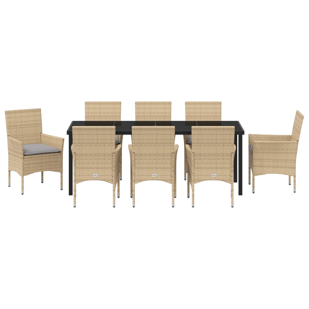Set da Pranzo da Giardino  9 Pezzi con Cuscini in Rattan Poliestere Beige