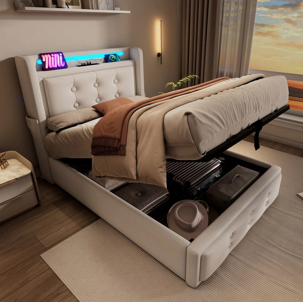 Letto singolo 90x200 cm con contenitore; LED; USB-C e testiera beige