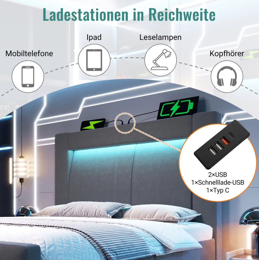 Letto singolo 90x200 cm con contenitore; LED; USB e Type-C in velluto grigio; con materasso