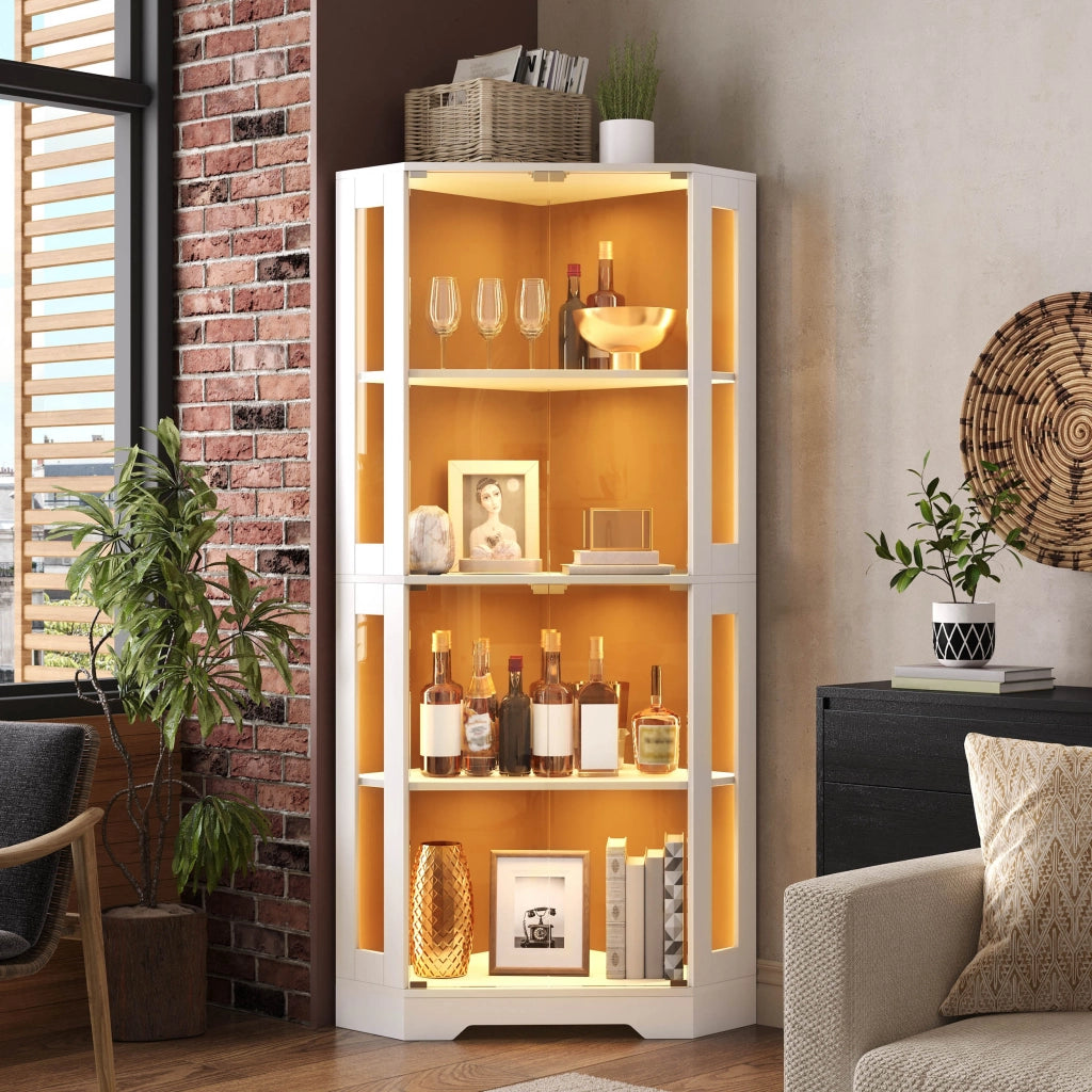 Credenza alta in MDF e vetro con LED RGB, 40x40x165 cm, vetrina con 4 ante e ripiani regolabili