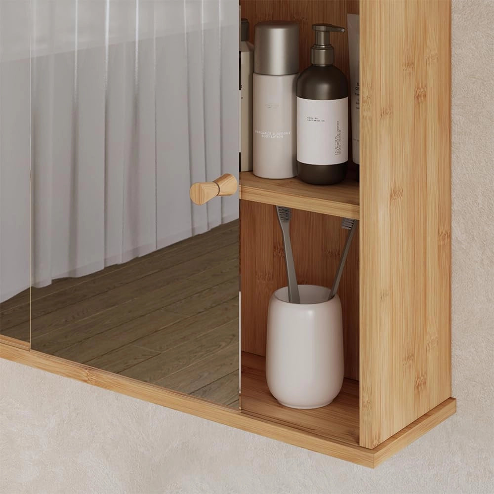Specchio contenitore bagno Mireo, Bambù, 55 x 40 cm con 2 porte scorrevoli