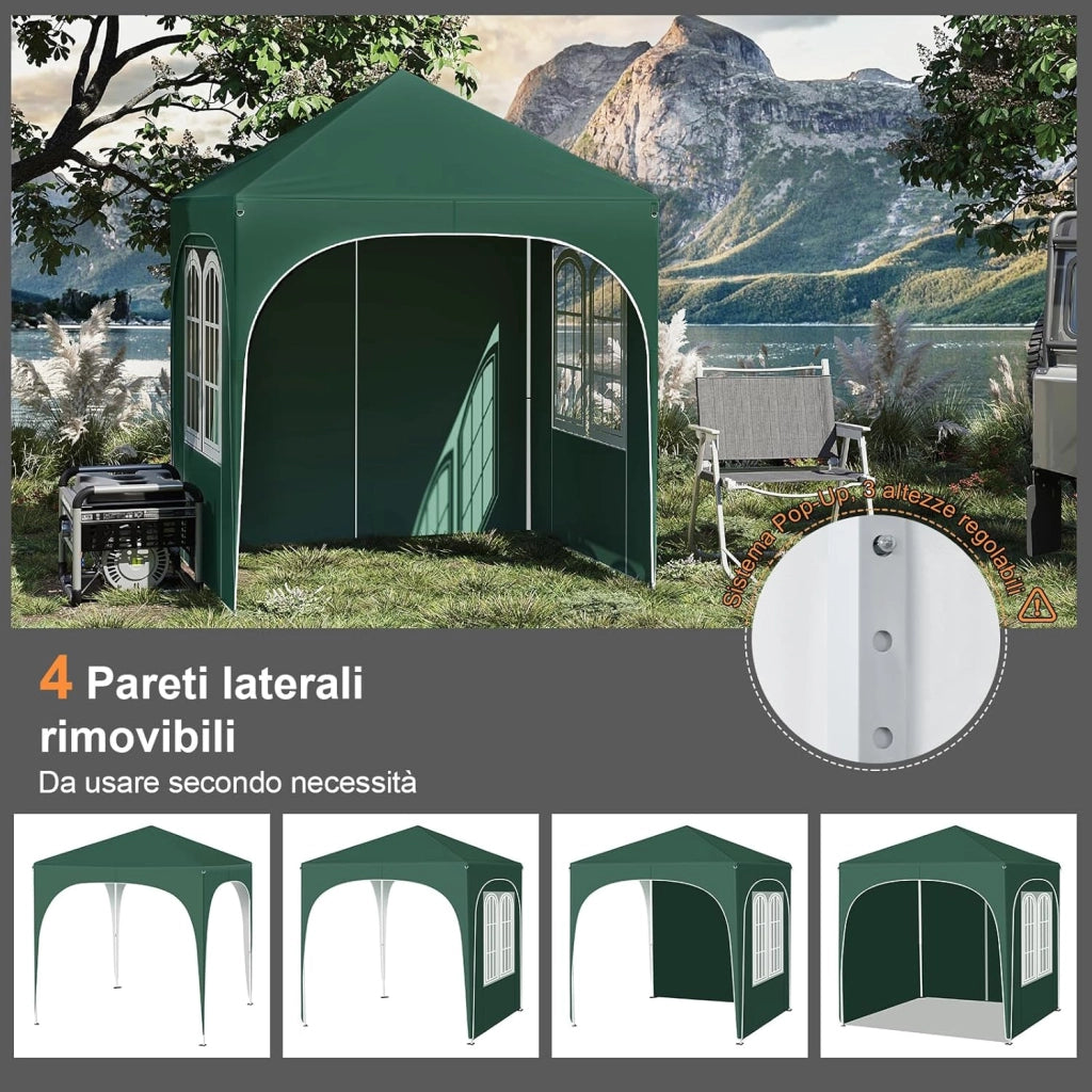 Gazebo Pieghevole 2x2m con 4 Pareti Rimovibili - Protezione Solare UPF 50+, Struttura Metallica Anti-Vento, 3 Regolazioni Altezza, Tendone da Giardino/Campeggio/Spiaggia - Verde