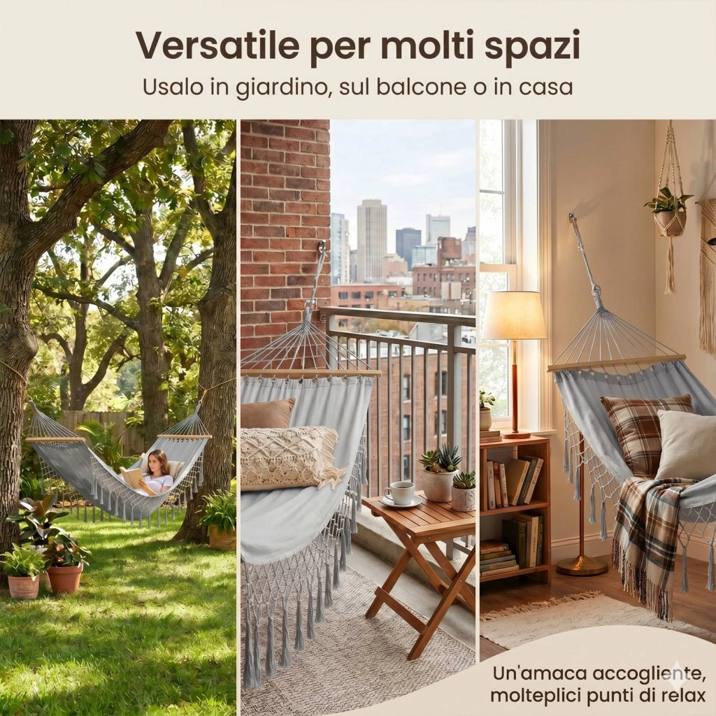 Marvin Amaca da Giardino Indonesia, Letto Dondolo da Esterno Campeggio, Barre di Legno, in Cotone Tessuto GRIGIO 200x100