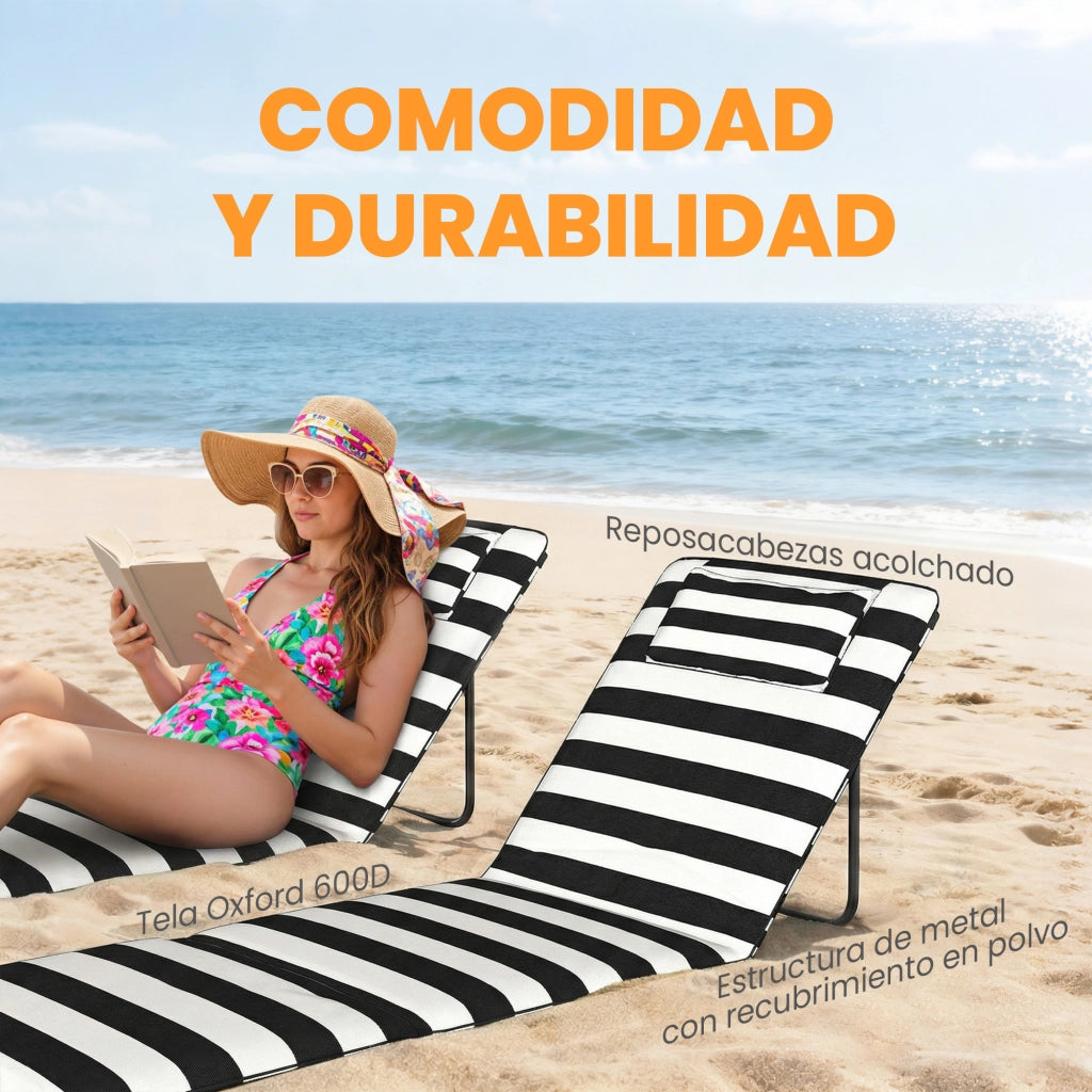 Set 2 Esterillas Playa Plegable con Respaldo Ajustable ¨C Zephmum ¨C Grigio Bianco 150x50x2 cm