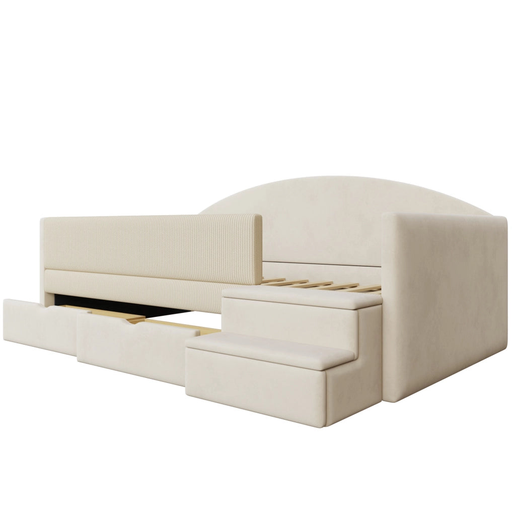 Letto imbottito per bambini 90x190 cm in velluto beige con 2 cassetti e gradini di sicurezza