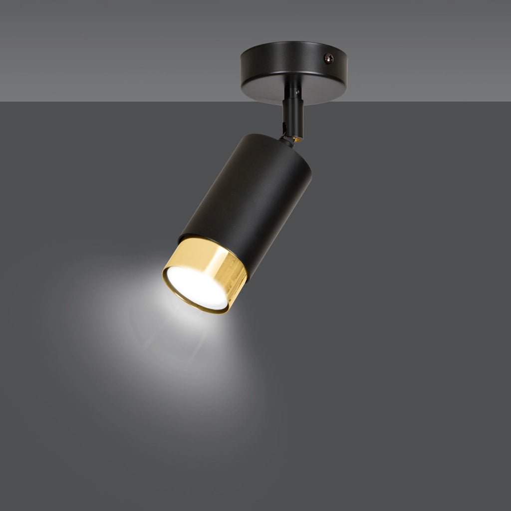 Faretto Orientabile 1 Luce Ragnar A Cilindro In Acciaio Nero E Oro