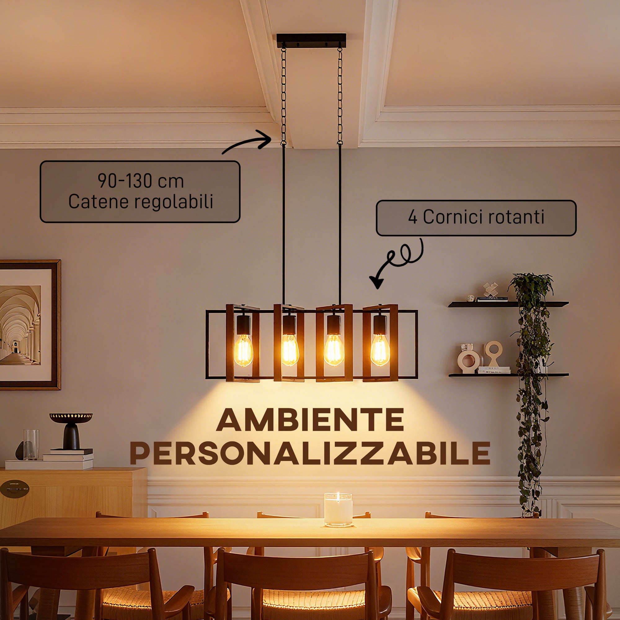 Lampadario a Sospensione Rustico 80x21x90-130 cm con 4 Cornici Girevoli e Catena Regolabile Nero e Marrone