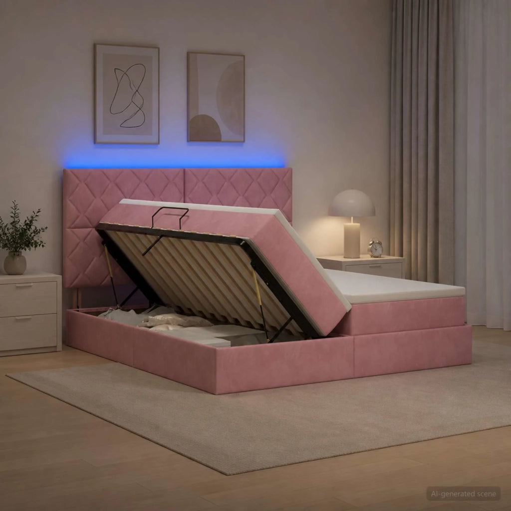 Letto con contenitore LED e materasso Rosa 200 x 200 cm Velluto 3460289