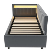 Letto imbottito singolo 90×200 cm con contenitore; LED e rete; senza materasso; velluto; grigio