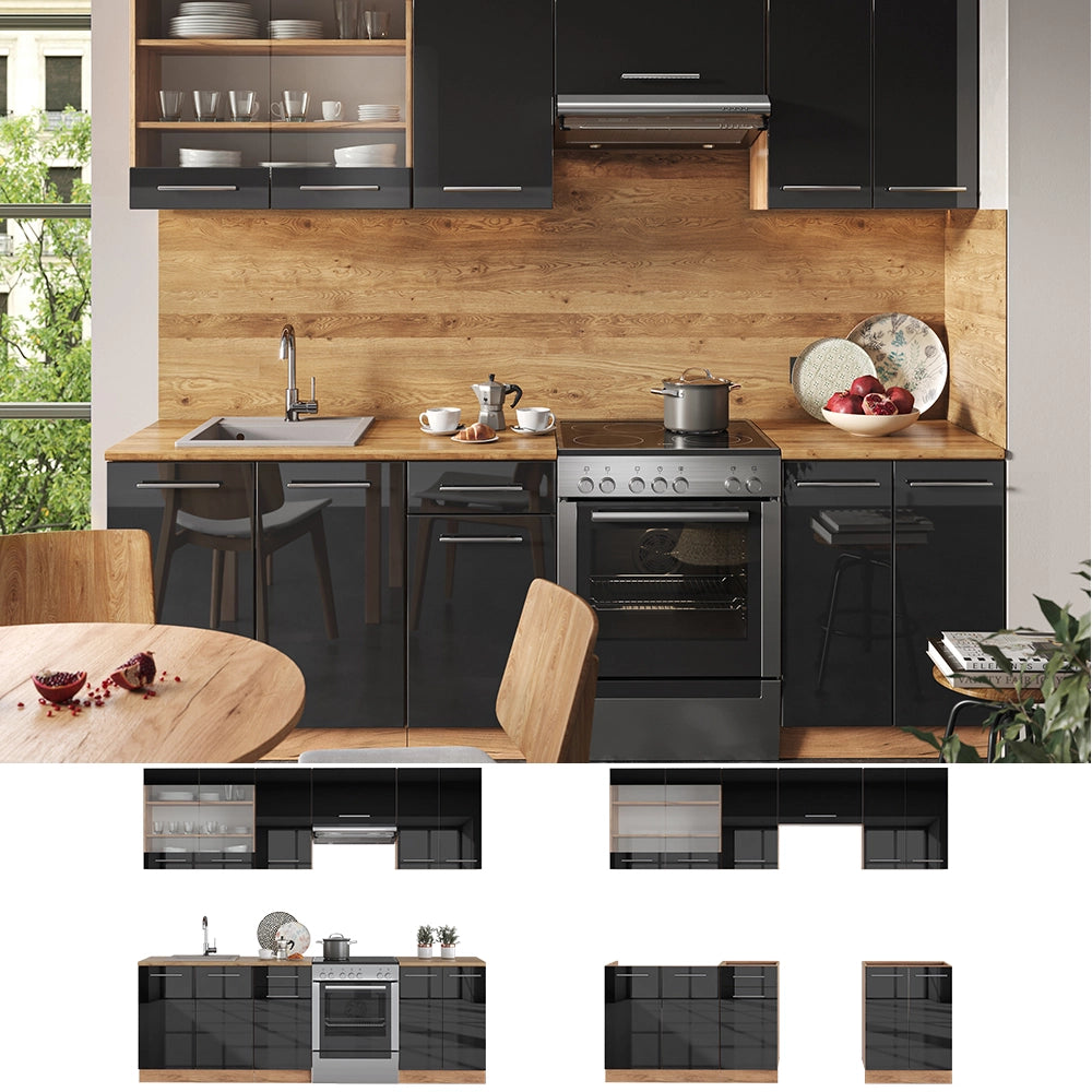 Vicco Cucina componibile Antracite lucido/oro power oak 240 cm senza piano di lavoro