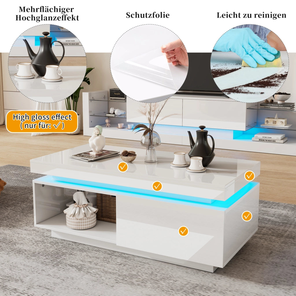 MOBILE TV con Tavolino Bianco Lucido LED Set 2 unità 181x38x38 cm e 100x50x40,3 cm