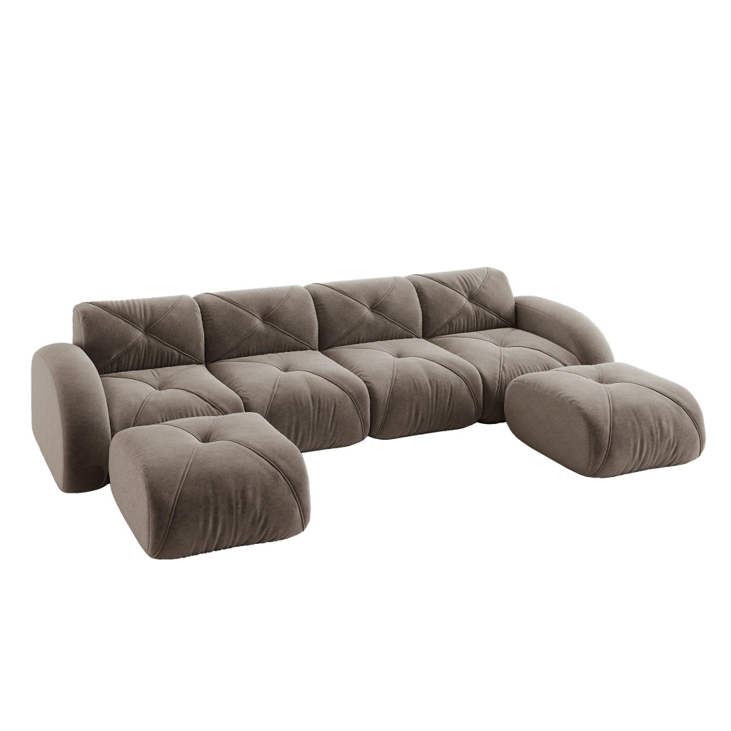 Divano modulare a U 4 posti con 2 pouf in chenille senza struttura interna e montaggio per soggiorno taupe