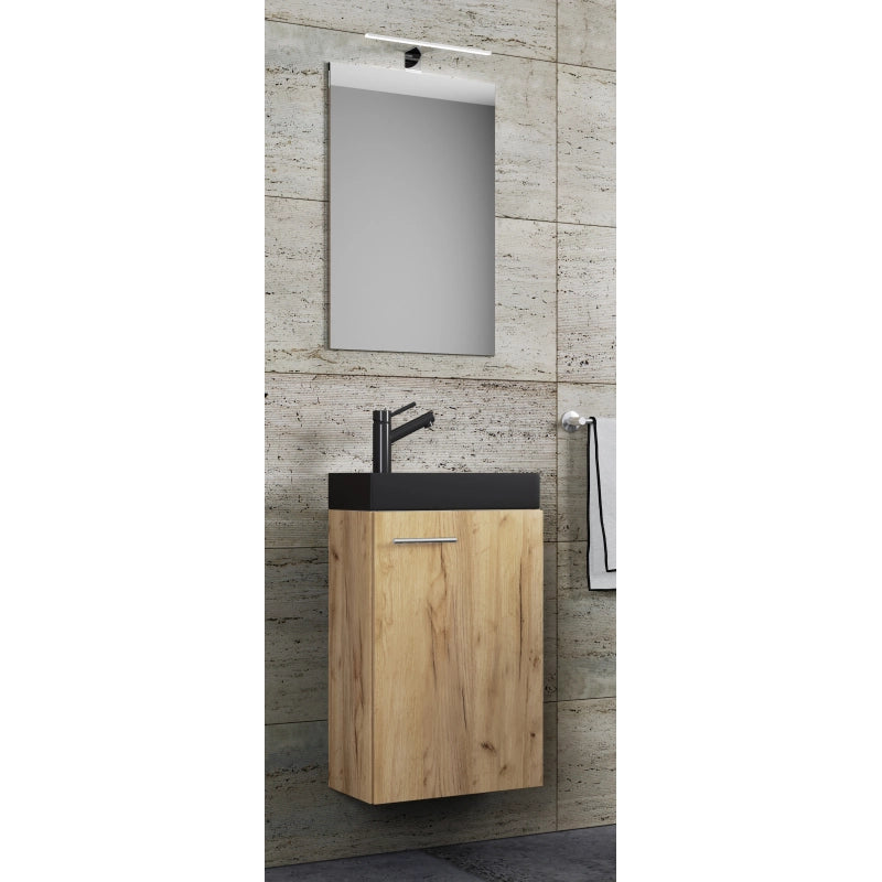 LineaViva di Ezooza Mobile Sospeso con lavabo in ceramica di alta qualità e specchio, Rovere miele , lavabo Nero