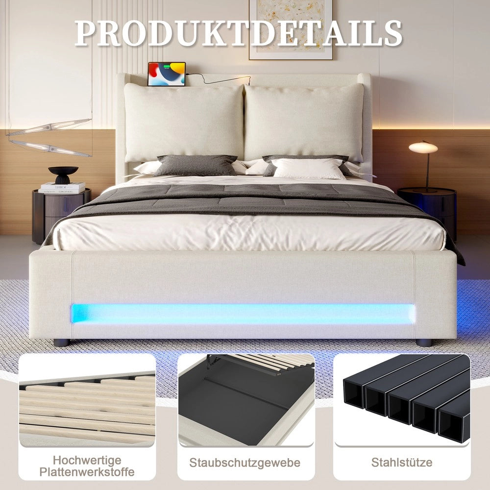 Letto Imbottito Contenitore con LED e USB ¨C MINIMAL ¨C Velluto Beige 160x200