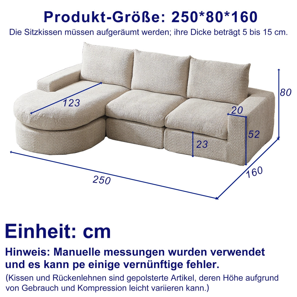 Divano modulare a quattro moduli con chaise longue reversibile e cuscini cervicali, in ciniglia beige e ferro