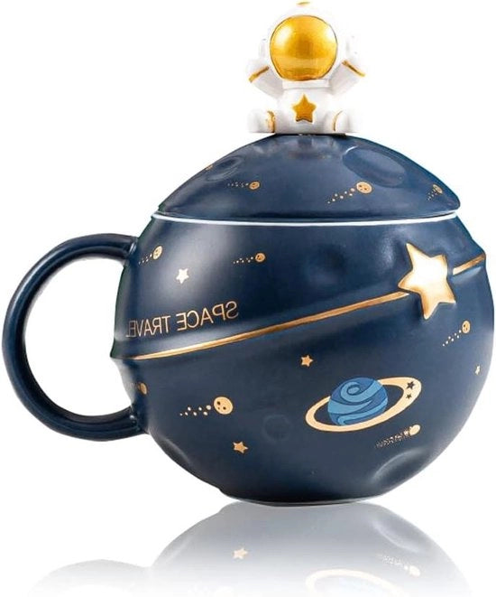 Tazza Caffè con Disegno Astronauta e Pianeta in Ceramica con Coperchio e Cucchiaio - Decorazione Aestetica per la Stanza, Regalo Divertente