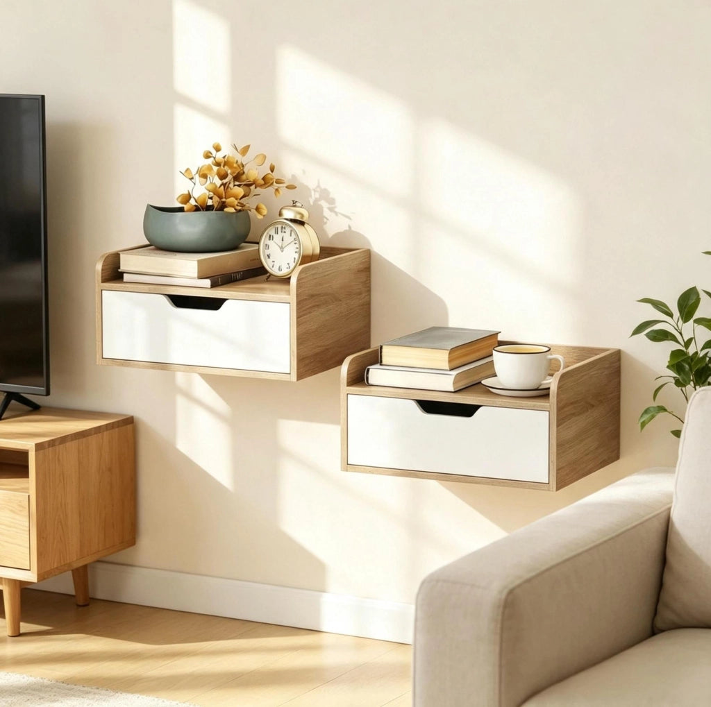Set 2 comodini sospesi con cassetto, mensola rialzata e pannello truciolare