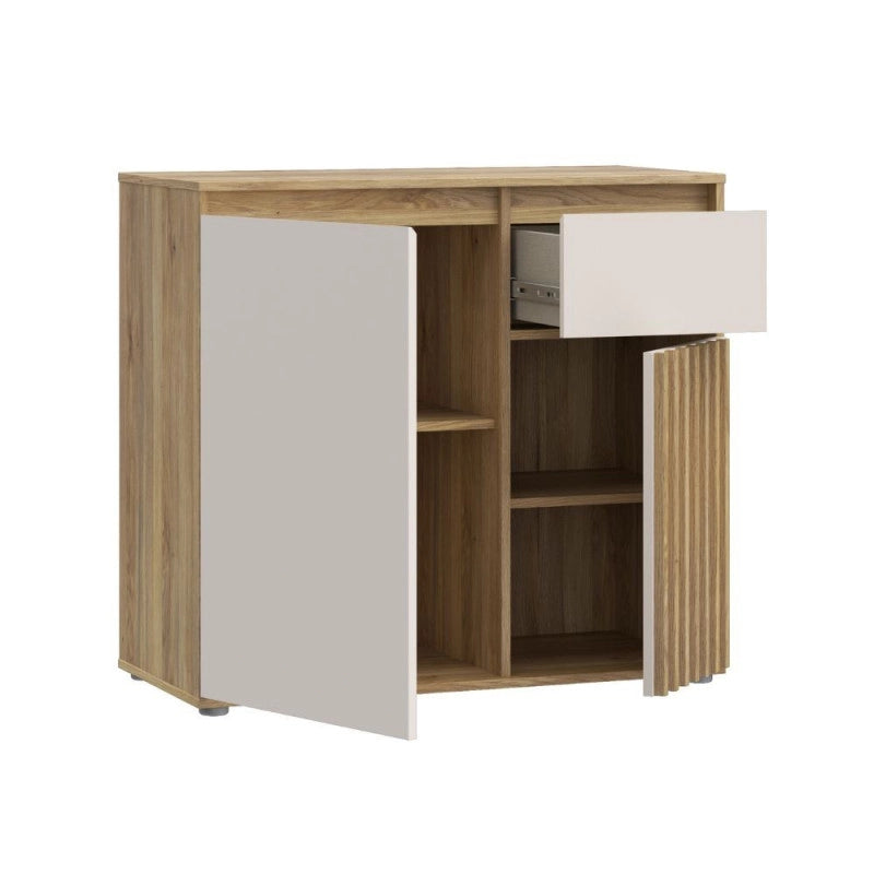 Mobile multiuso Neutra 1 cassetto e 2 ante con dettaglio cannettato in rovere e cashmere