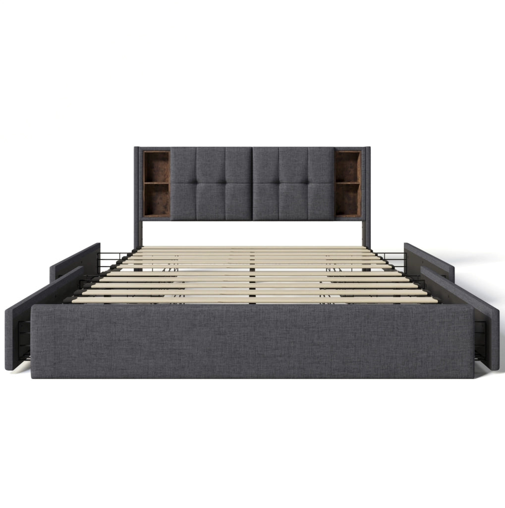 Letto matrimoniale 160x200 cm con ricarica wireless; USB C e 4 cassetti; lino grigio