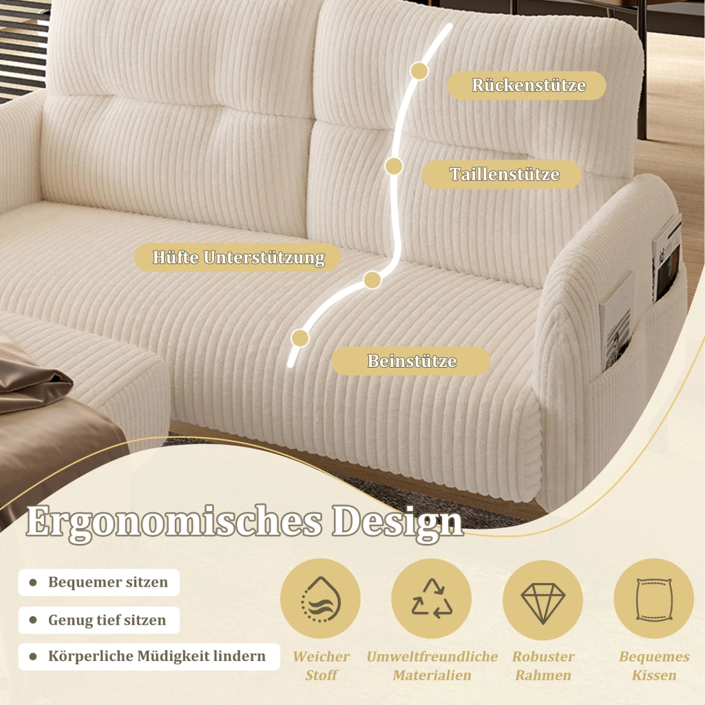 OKWISH Divano 2 Posti, Schienale Ergonomico con Tasche Laterali e Seduta Profonda, Velluto a Coste, Beige