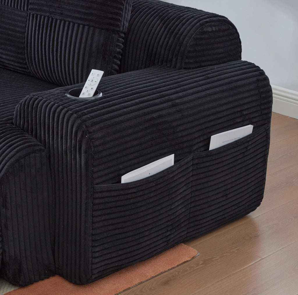 Divano modulare 3 posti con 2 pouf, portabicchieri e tasca laterale nero