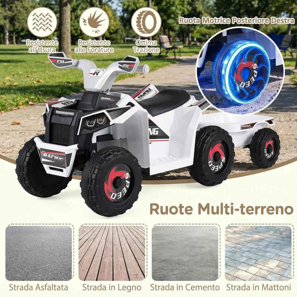 Quad Elettrico per Bambini, ATV elettrico con Rimorchio Posteriore, Macchina Giocattolo a Motore con Ruote Resistenti, 2-3 km/h, Veicolo per Bambini 3 Anni+ (Bianco)