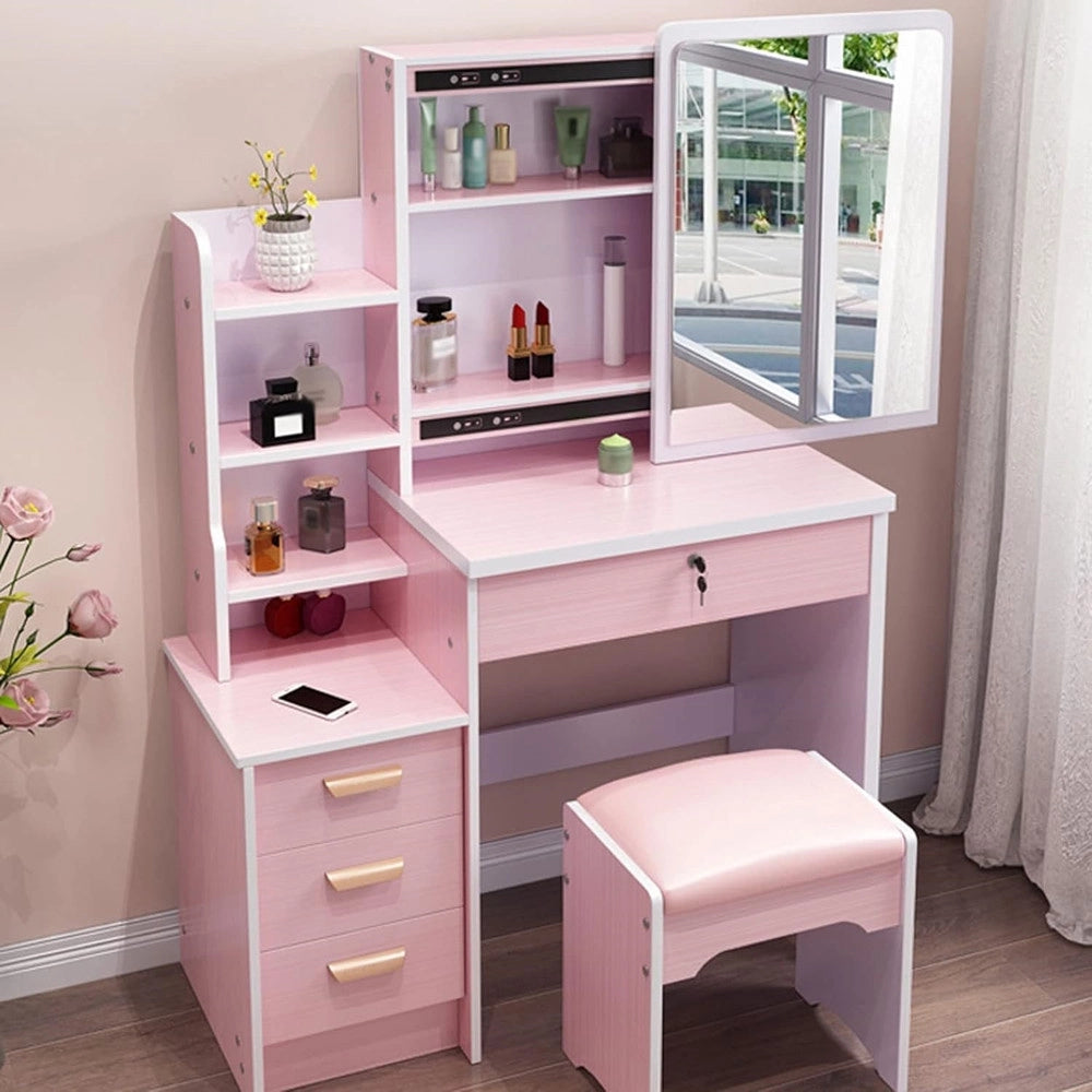 Trade Shop - Set Tavolo Da Toeletta Per Trucco Cosmetici Con Specchio Led Morbido Sgabello Cassetti -