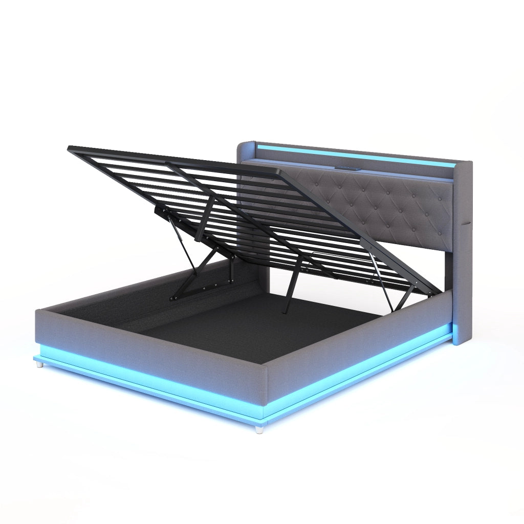 Letti contenitori 140x200 cm; luci LED multicolore e USB; tessuto grigio