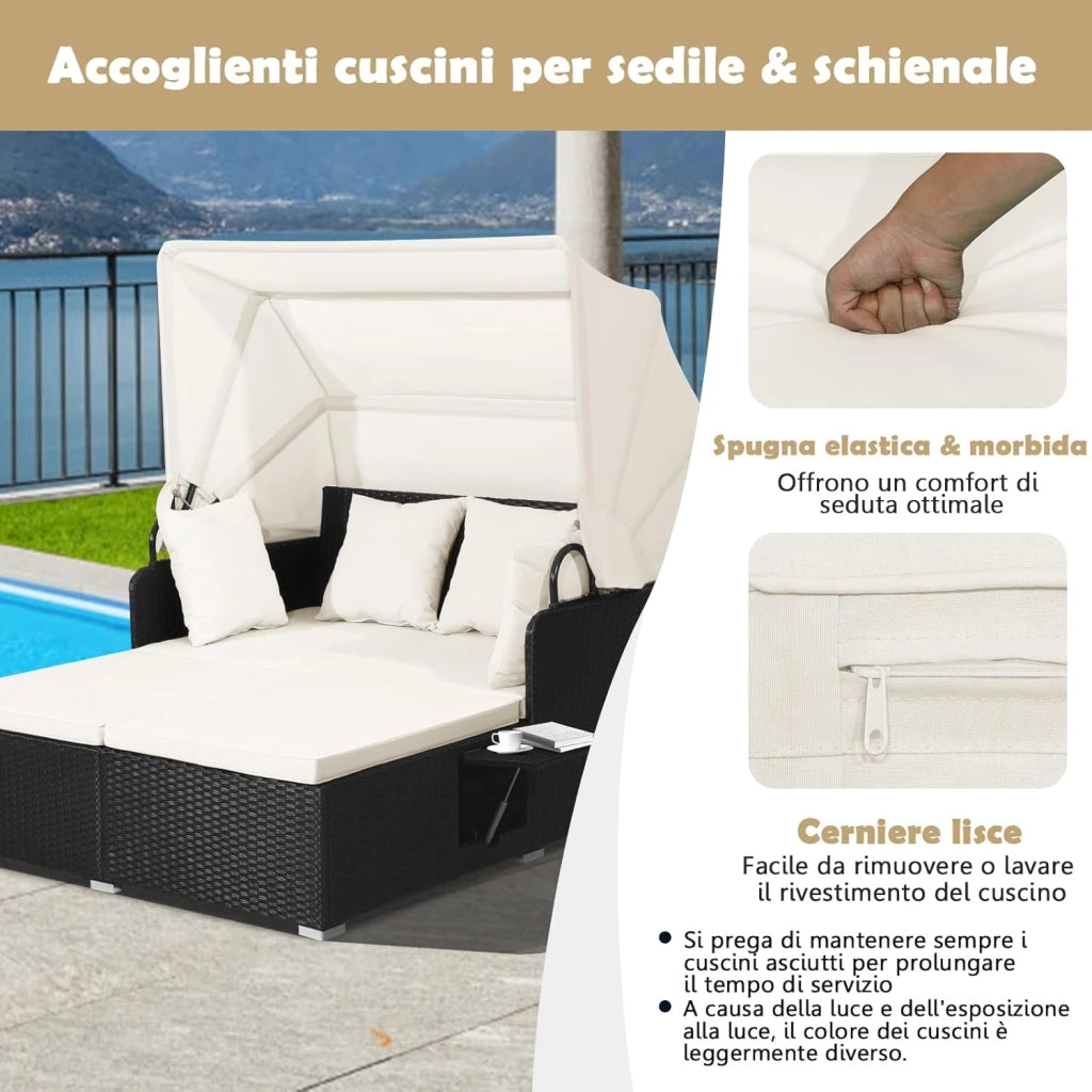 Lettino Prendisole in Rattan, Lettino da Giardino per 2 Persone con Tettuccio Retrattile, Cuscini Spessi, Ideale per Giardino Cortile Portico Prato, 165x153x138 cm