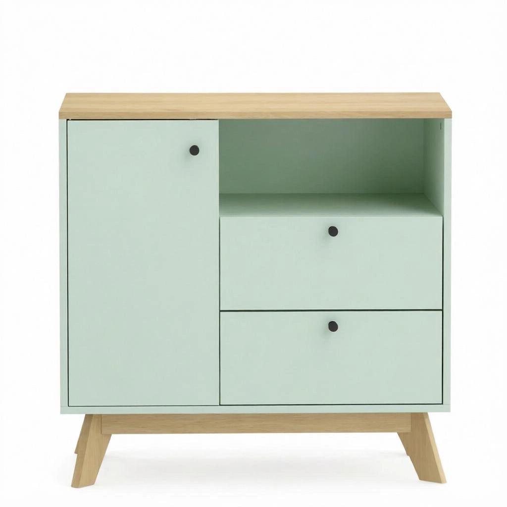 Buffet da salotto in MDF con 1 armadio, 2 cassetti e vano aperto, colore verde chiaro e rovere