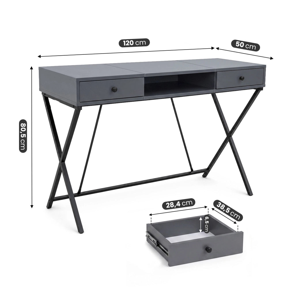 Scrivania PC industriale Grafite CROSSLINE 120 cm 2 cassetti 1 ripiano gambe nere