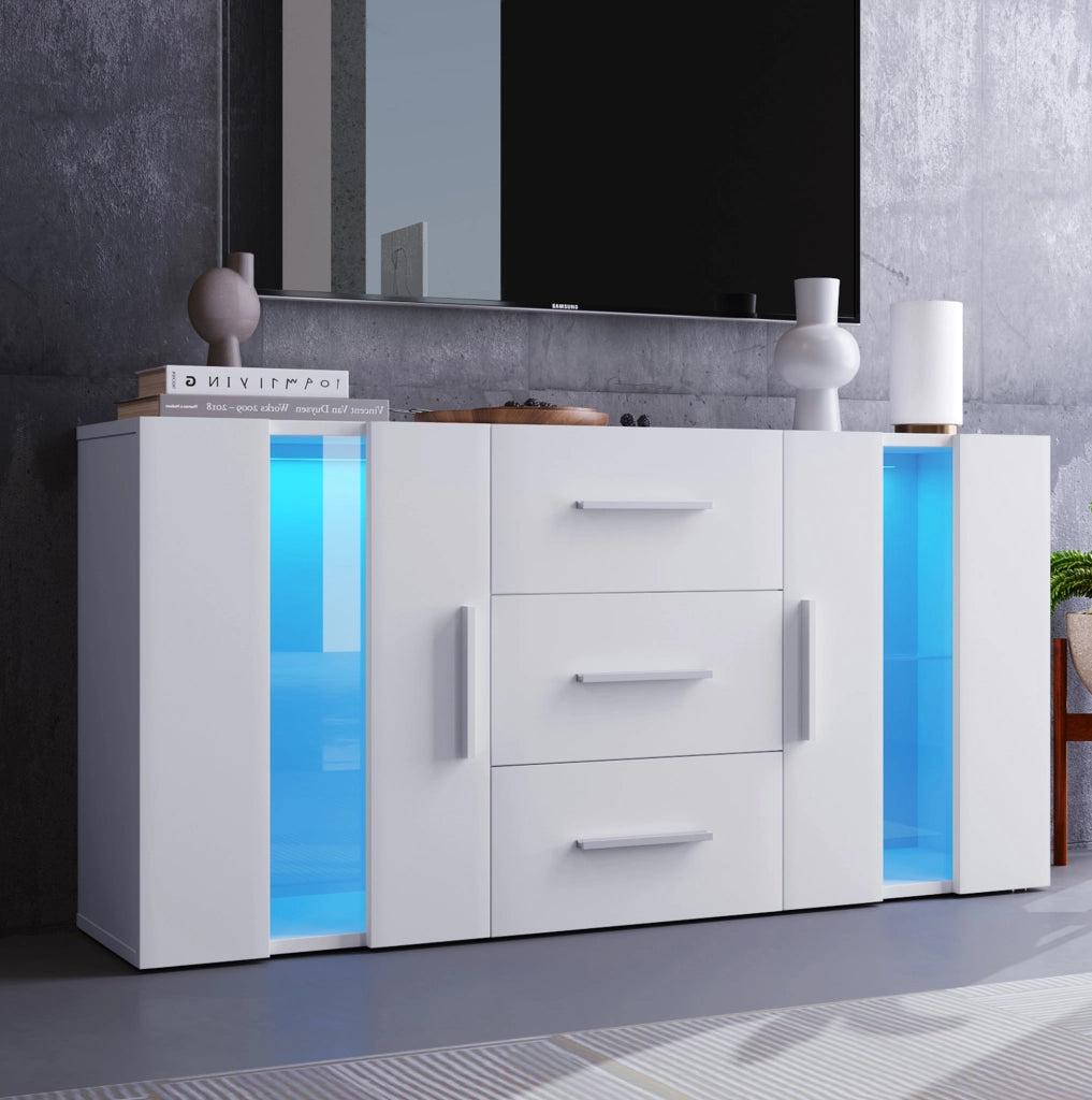 Mobile TV ULEVR 140x35x70 cm con LED USB, 3 cassetti e 2 vani con ripiani removibili