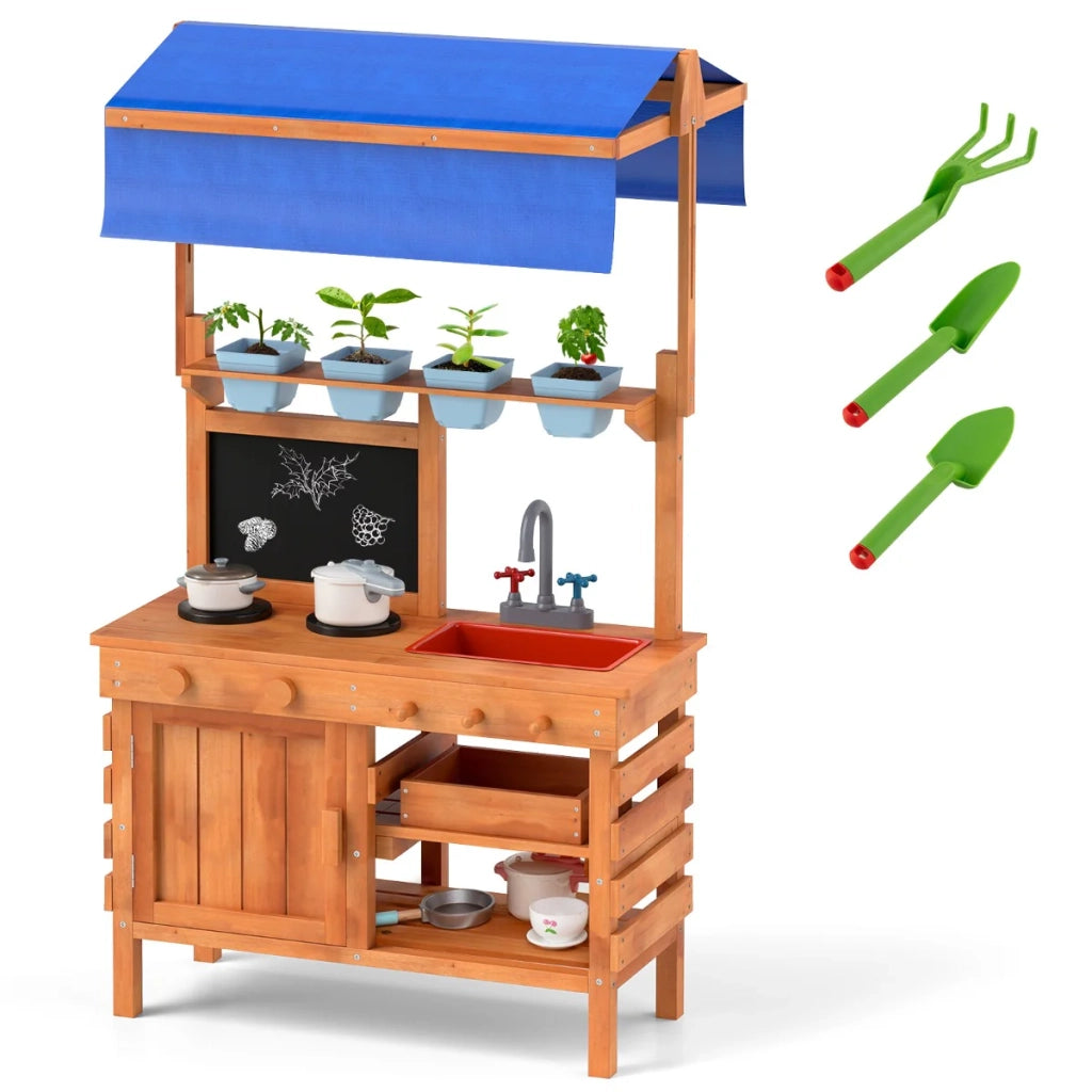 Cucina di fango in legno per giocare all'aperto 136 x 77 x 56,5 cm con tettoia regolabile atmosfera accogliente legno naturale 20_0011588